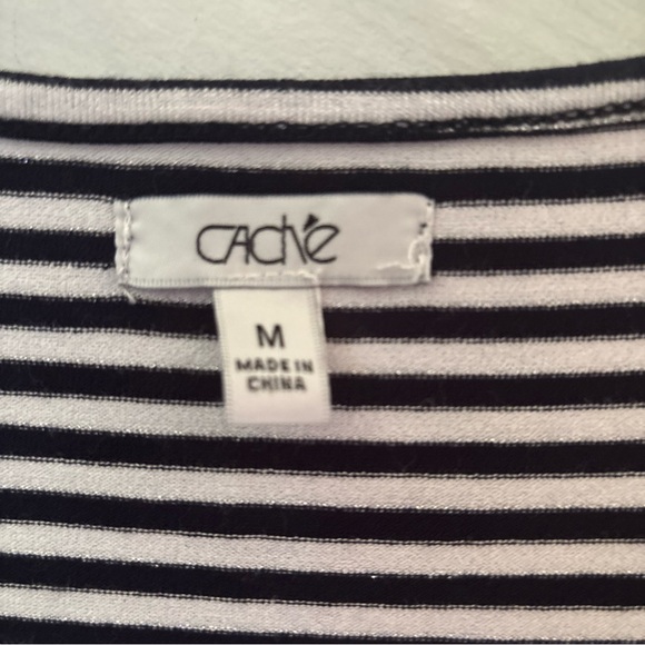 Cache M White/Blue/Metallic Striped Rhinestone Scoop Neck 3/4 Sleeve Top**Read** - Picture 2 of 11